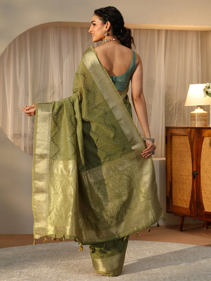 Libas Olive Green Chevron Embroidered Cotton Blend Saree