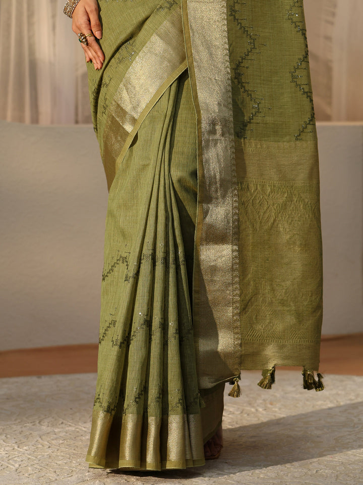 Libas Olive Green Chevron Embroidered Cotton Blend Saree