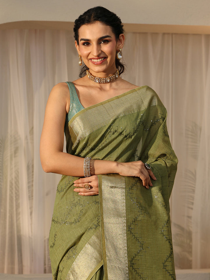 Libas Olive Green Chevron Embroidered Cotton Blend Saree