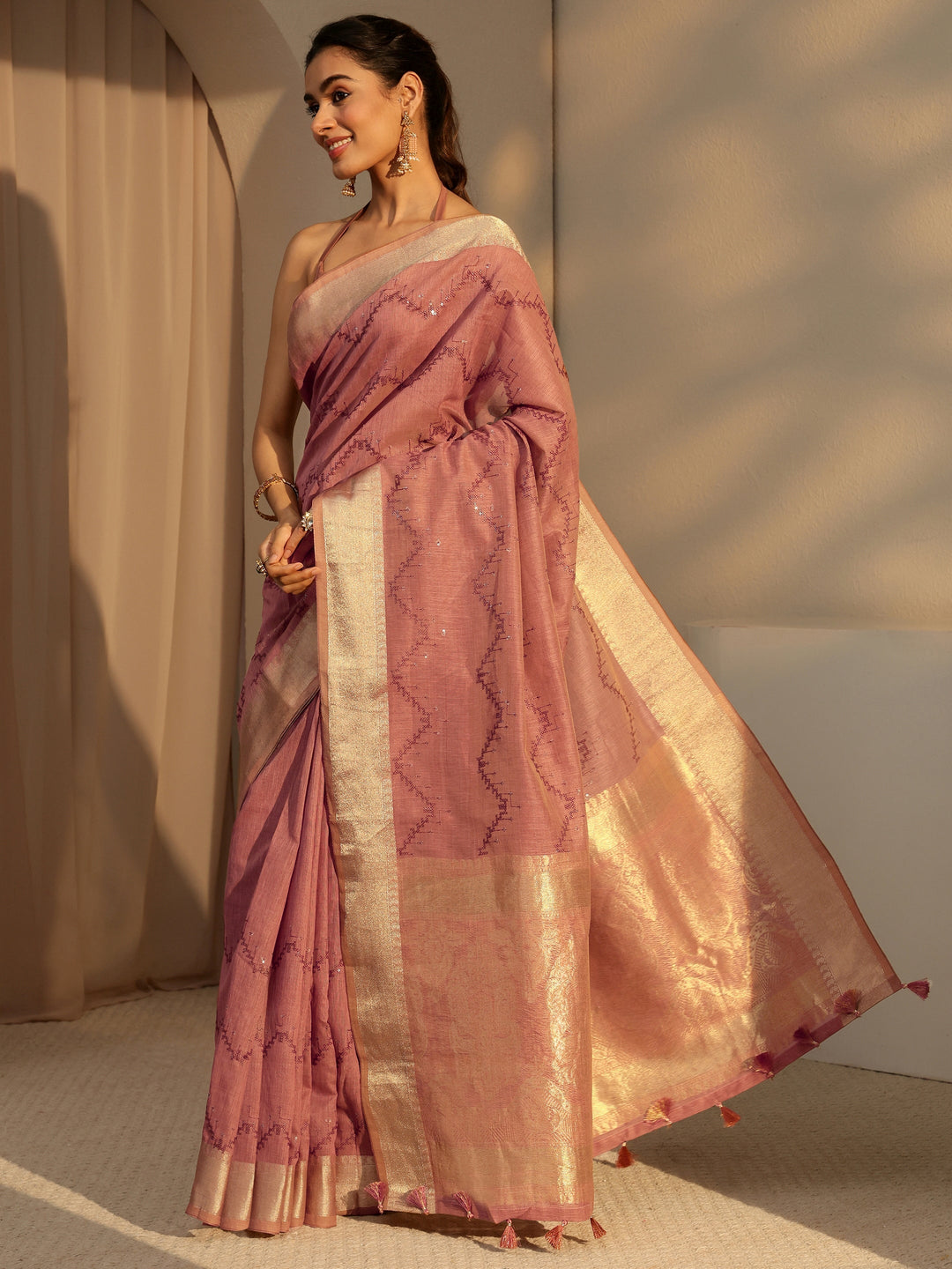 Libas Brown Chevron Embroidered Cotton Blend Saree