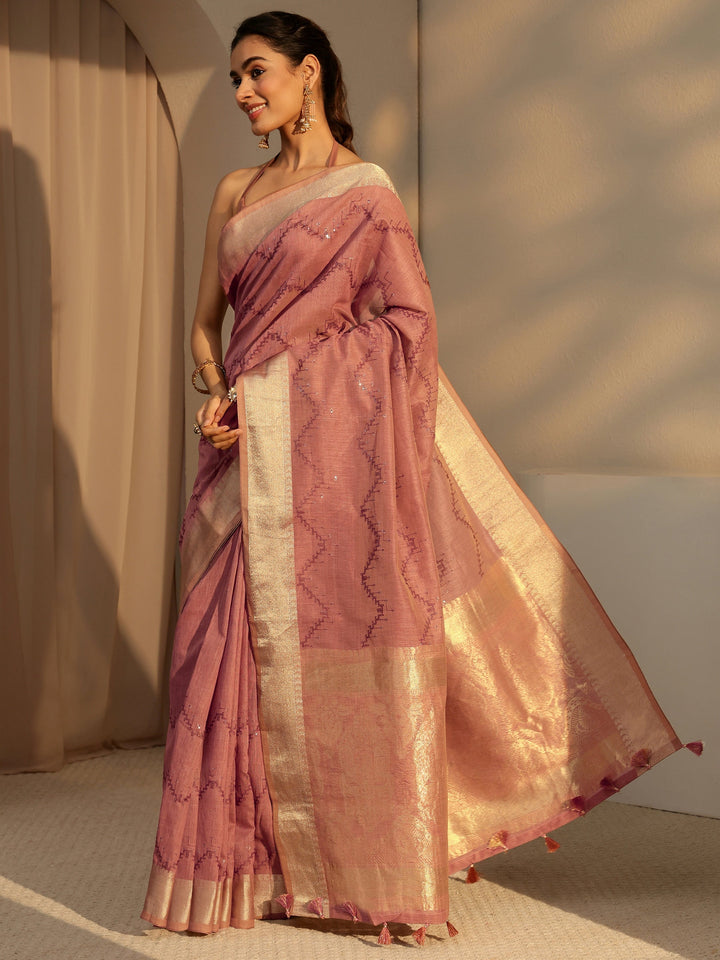 Libas Brown Chevron Embroidered Cotton Blend Saree