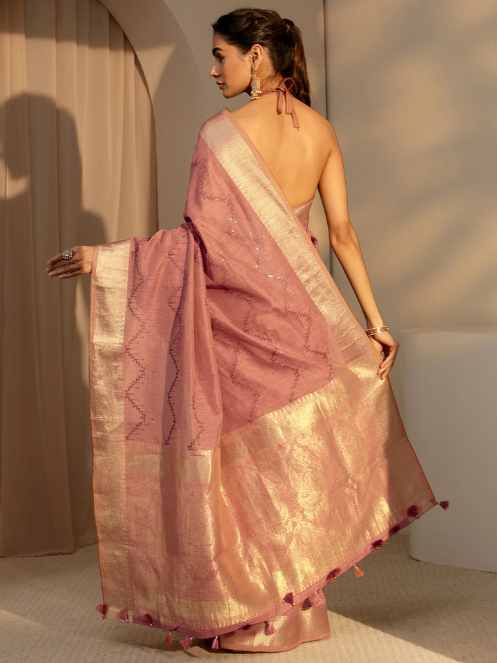 Libas Brown Chevron Embroidered Cotton Blend Saree