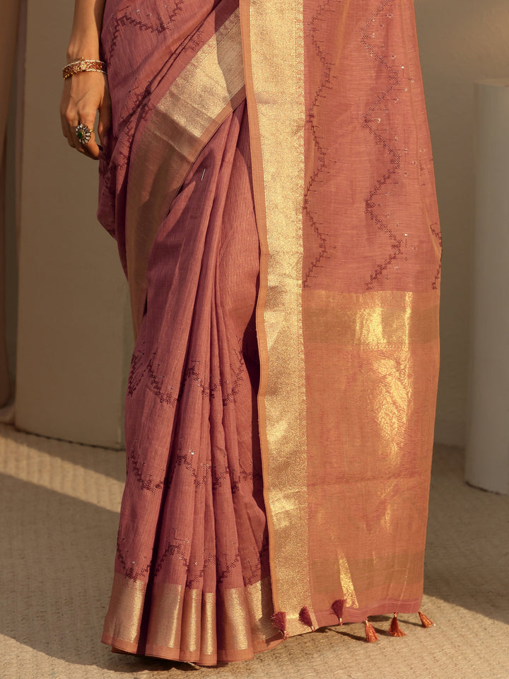 Libas Brown Chevron Embroidered Cotton Blend Saree