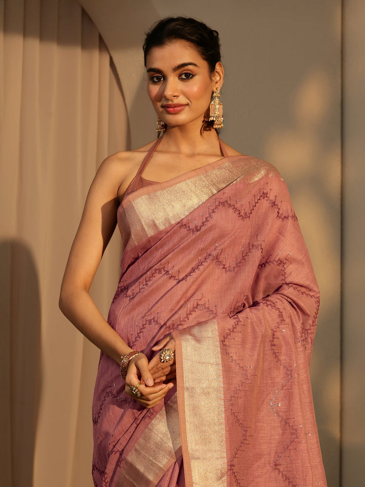 Libas Brown Chevron Embroidered Cotton Blend Saree