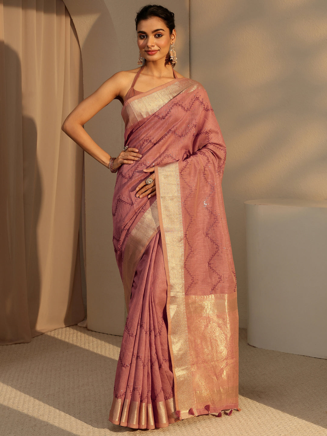 Libas Brown Chevron Embroidered Cotton Blend Saree