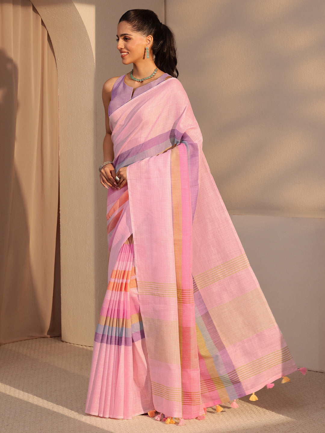 Libas Pink Colorblock Printed Cotton Blend Saree