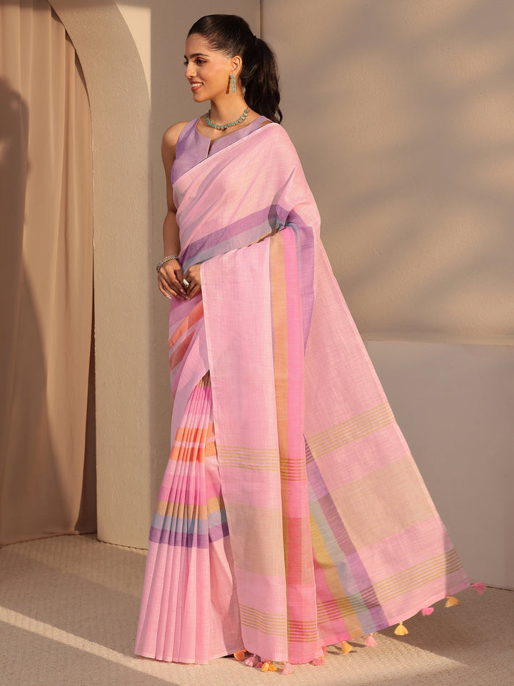 Libas Pink Colorblock Printed Cotton Blend Saree