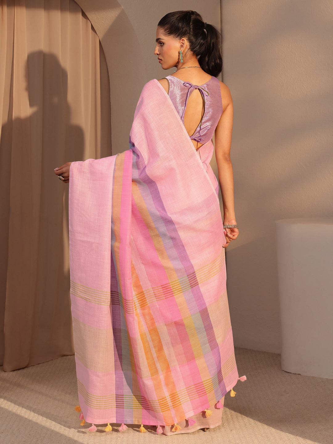 Libas Pink Colorblock Printed Cotton Blend Saree