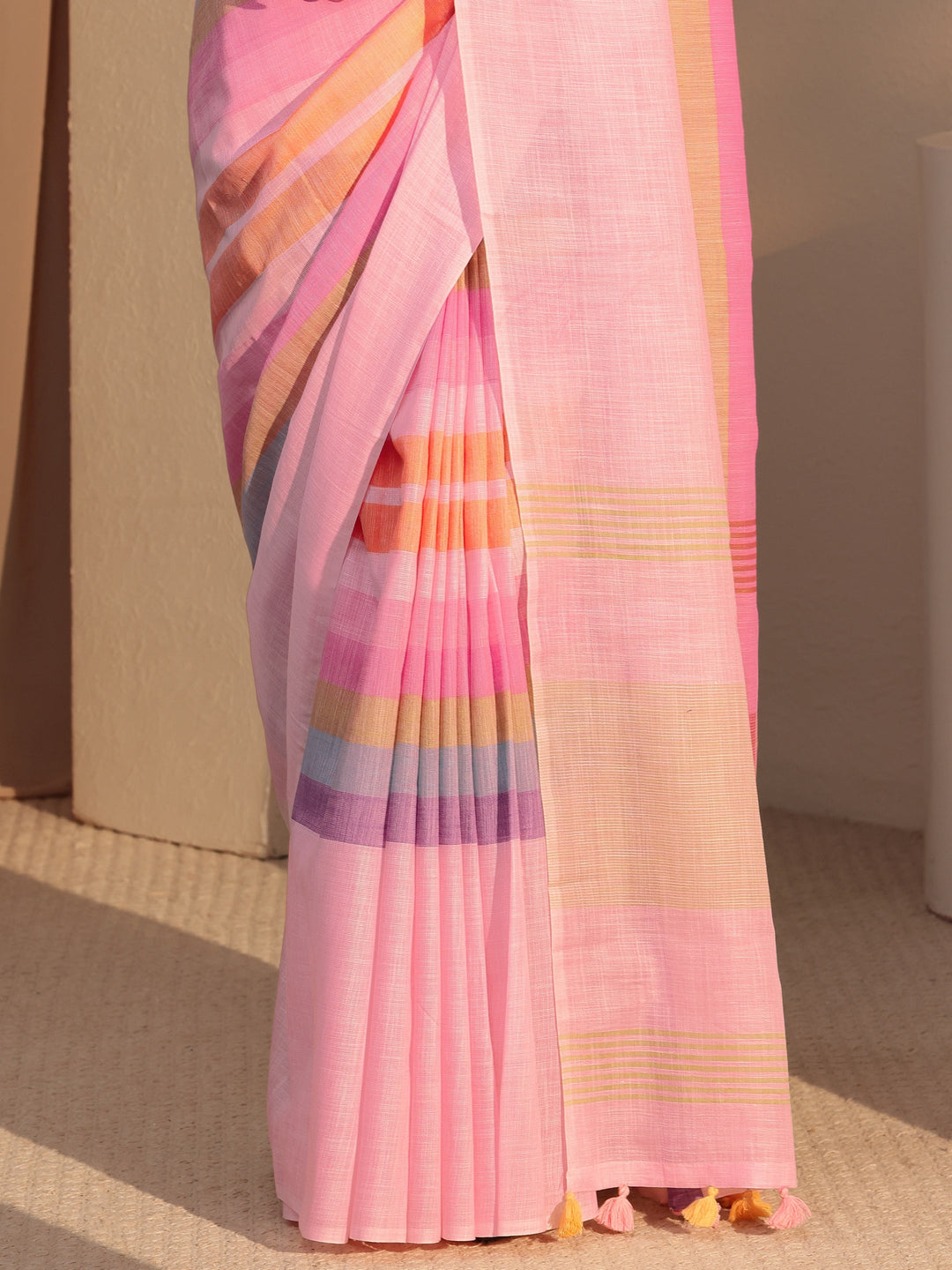 Libas Pink Colorblock Printed Cotton Blend Saree