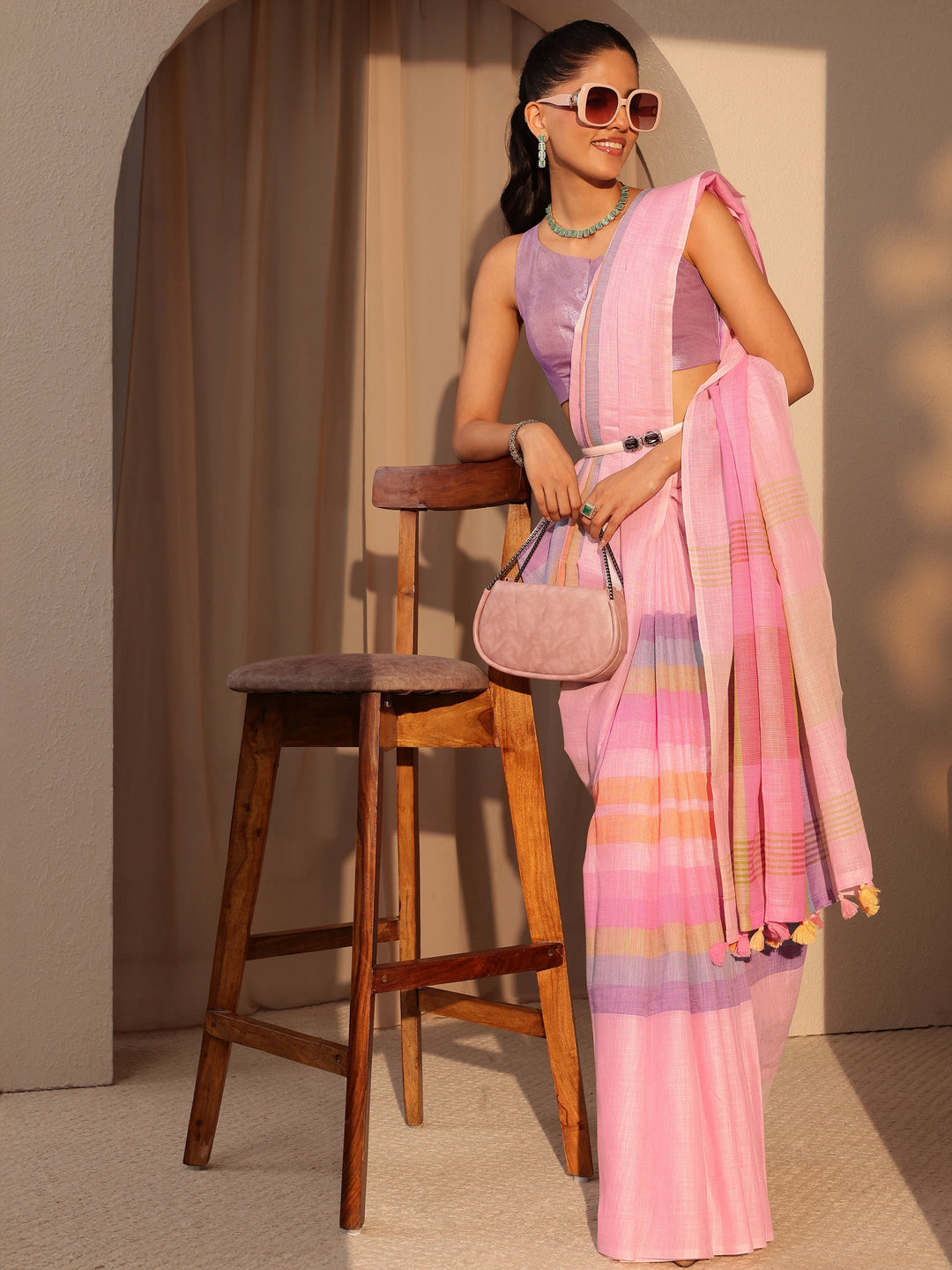 Libas Pink Colorblock Printed Cotton Blend Saree