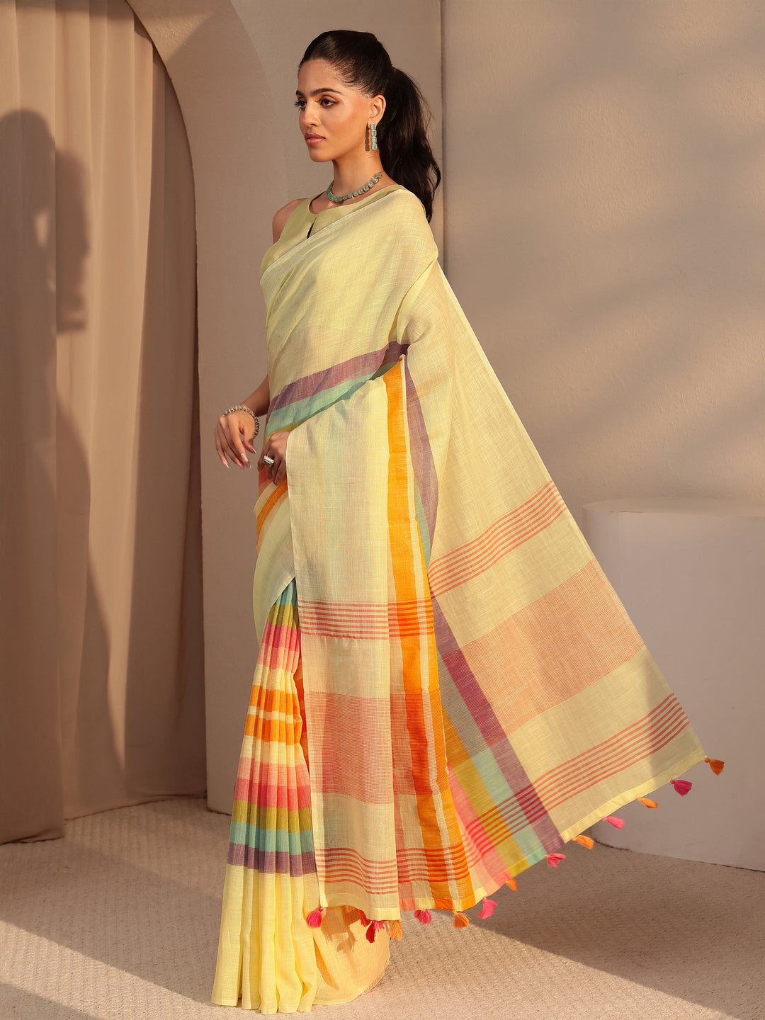 Libas Yellow Colorblock Printed Cotton Blend Saree