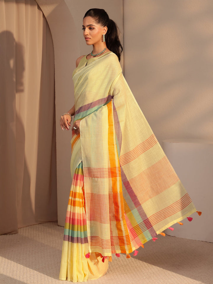 Libas Yellow Colorblock Printed Cotton Blend Saree