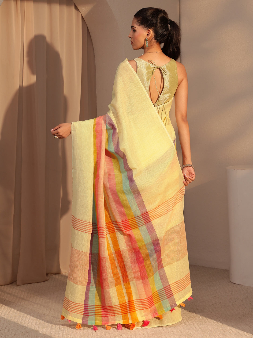 Libas Yellow Colorblock Printed Cotton Blend Saree