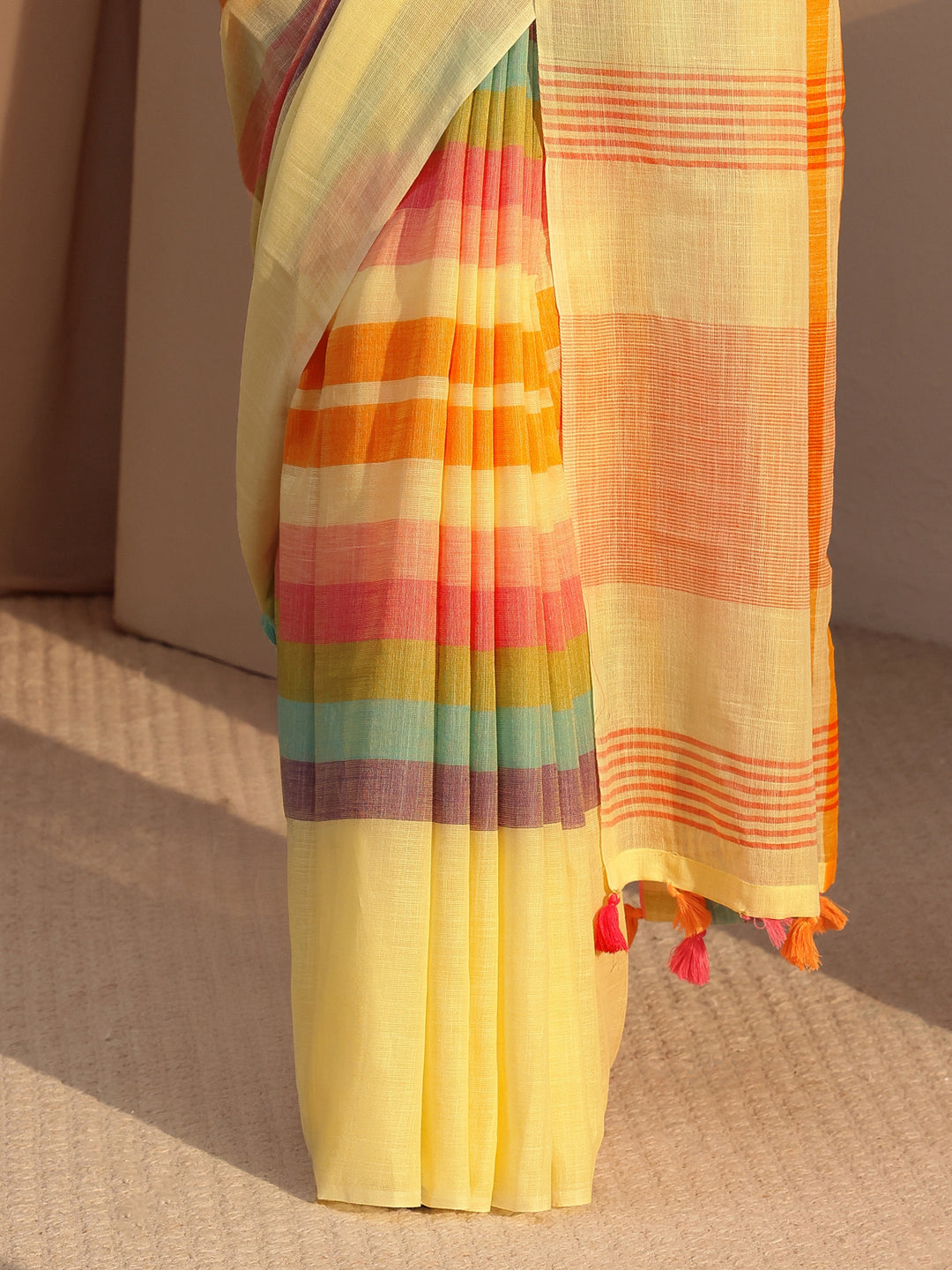 Libas Yellow Colorblock Printed Cotton Blend Saree