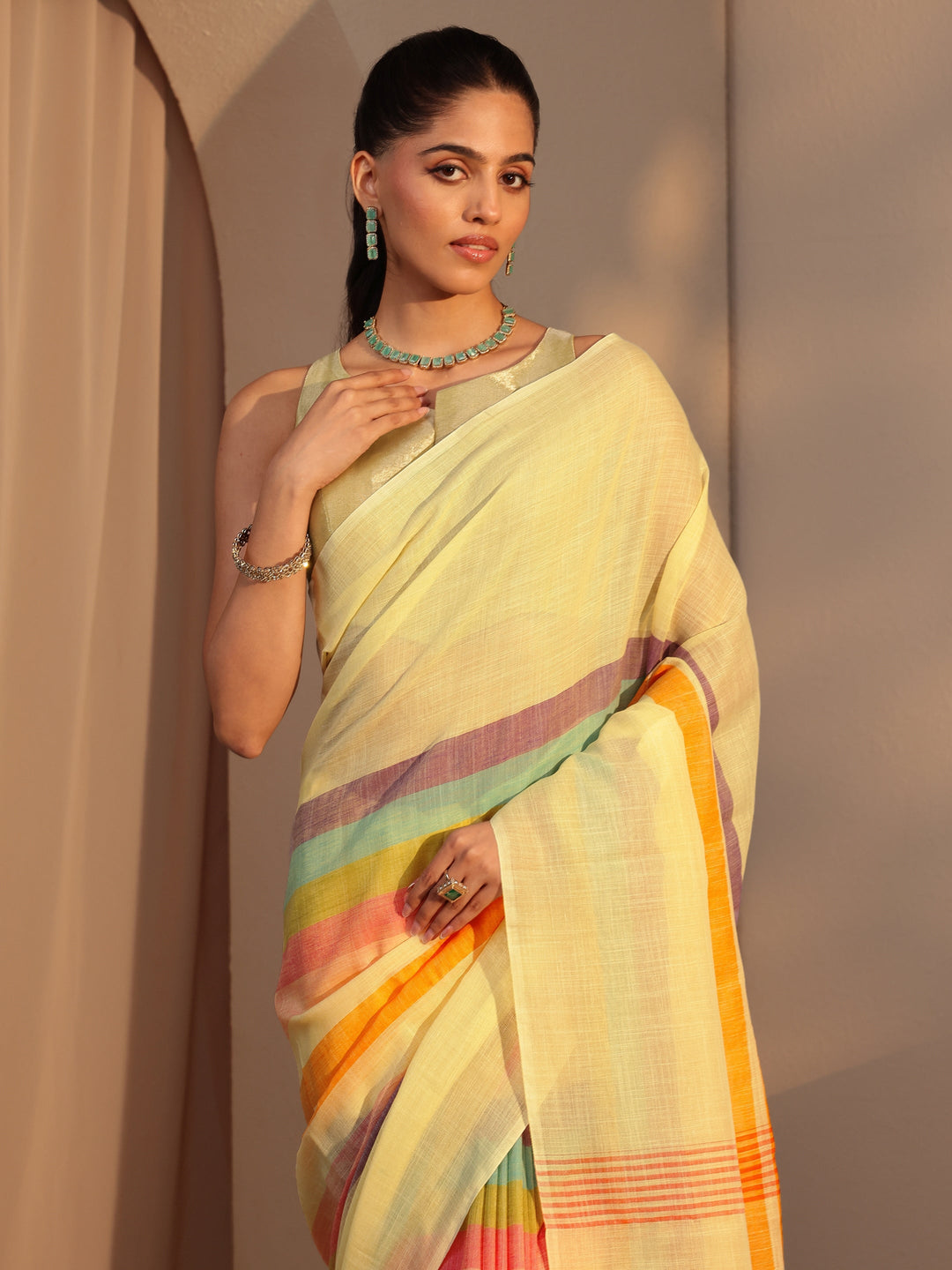 Libas Yellow Colorblock Printed Cotton Blend Saree