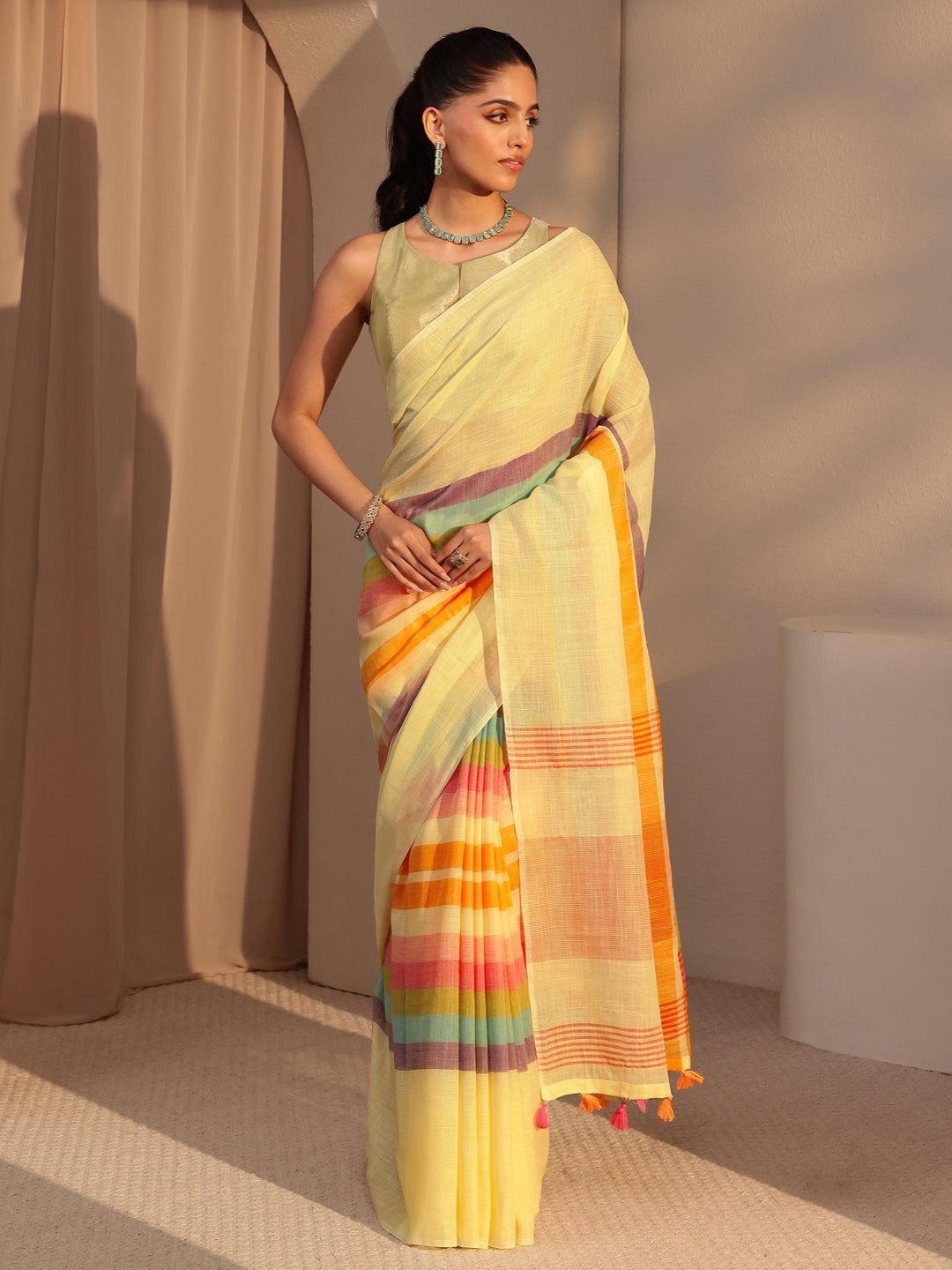 Libas Yellow Colorblock Printed Cotton Blend Saree