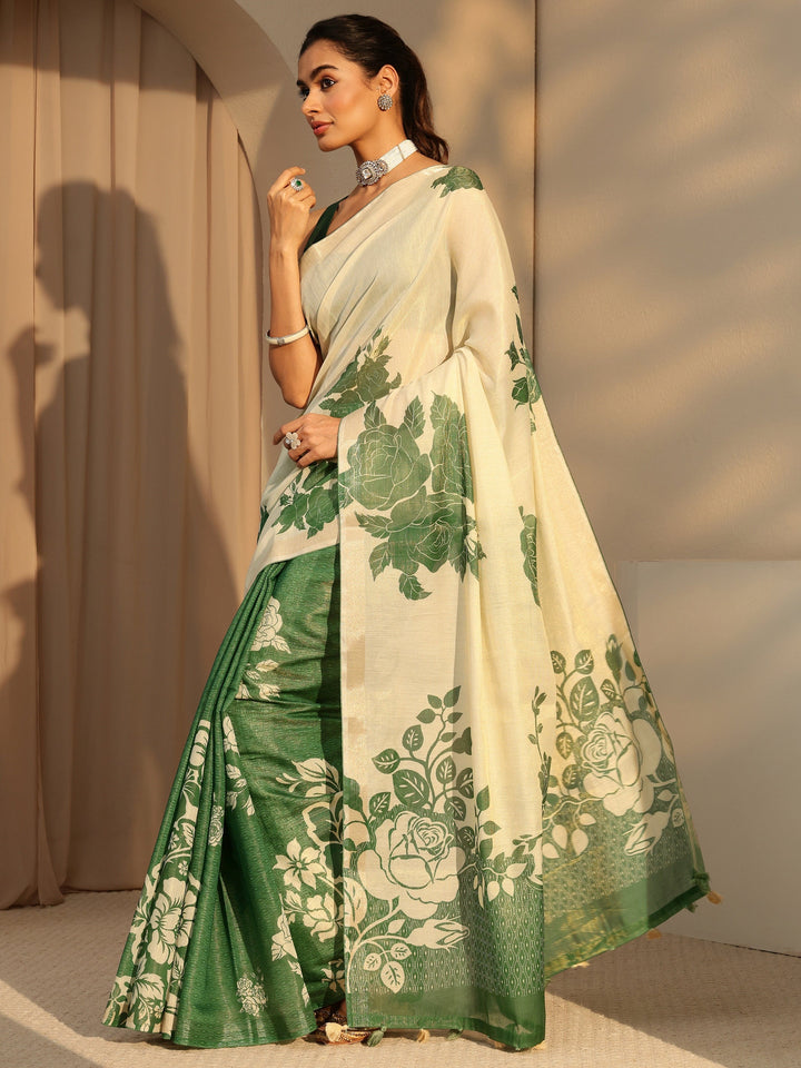 Libas Forest Green Floral Printed Cotton Blend Saree