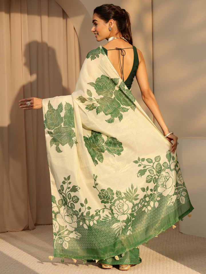 Libas Forest Green Floral Printed Cotton Blend Saree