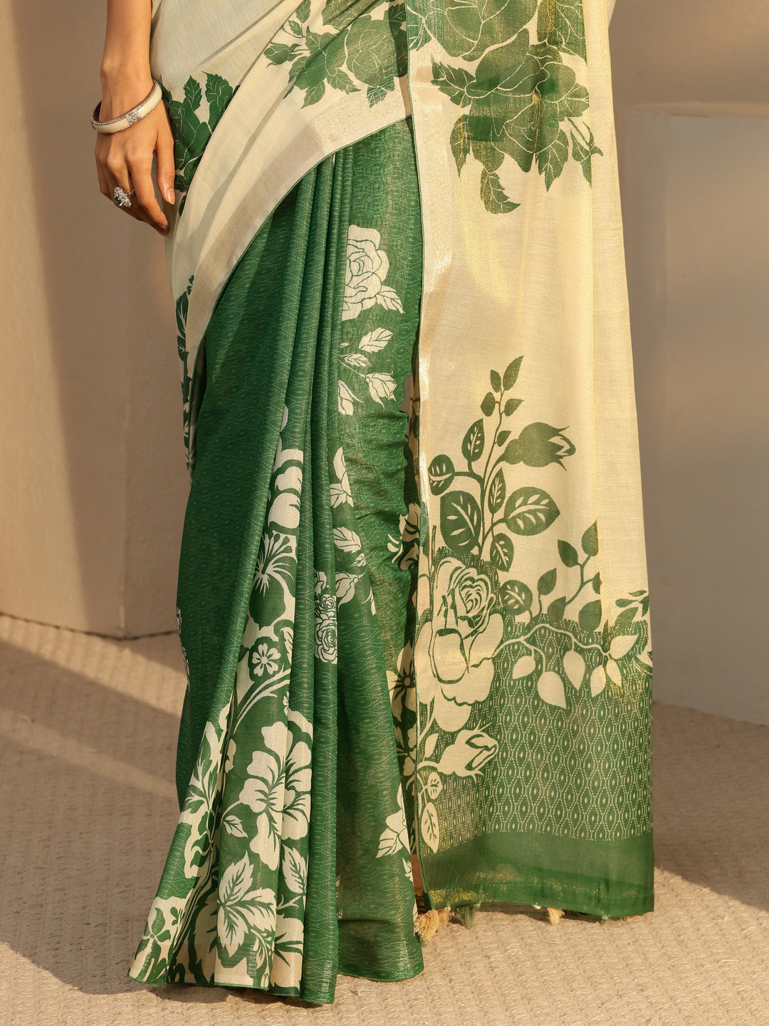 Libas Forest Green Floral Printed Cotton Blend Saree
