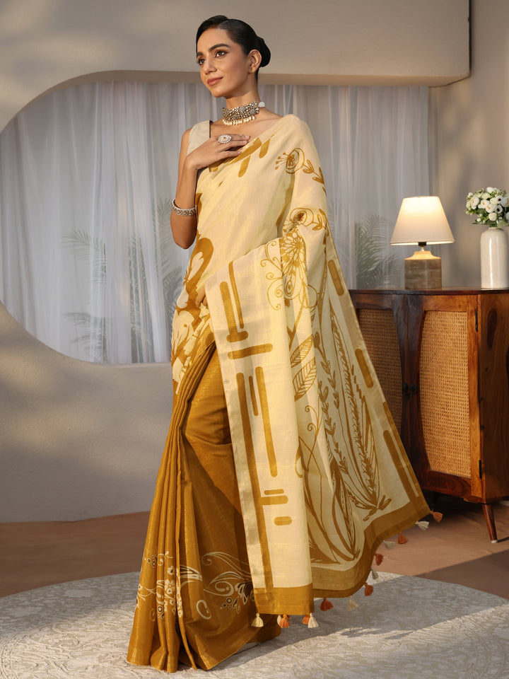 Mustard Floral Printed Cotton Blend Saree