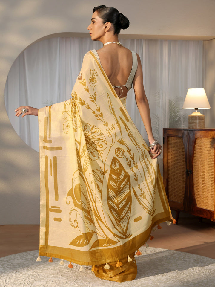 Mustard Floral Printed Cotton Blend Saree