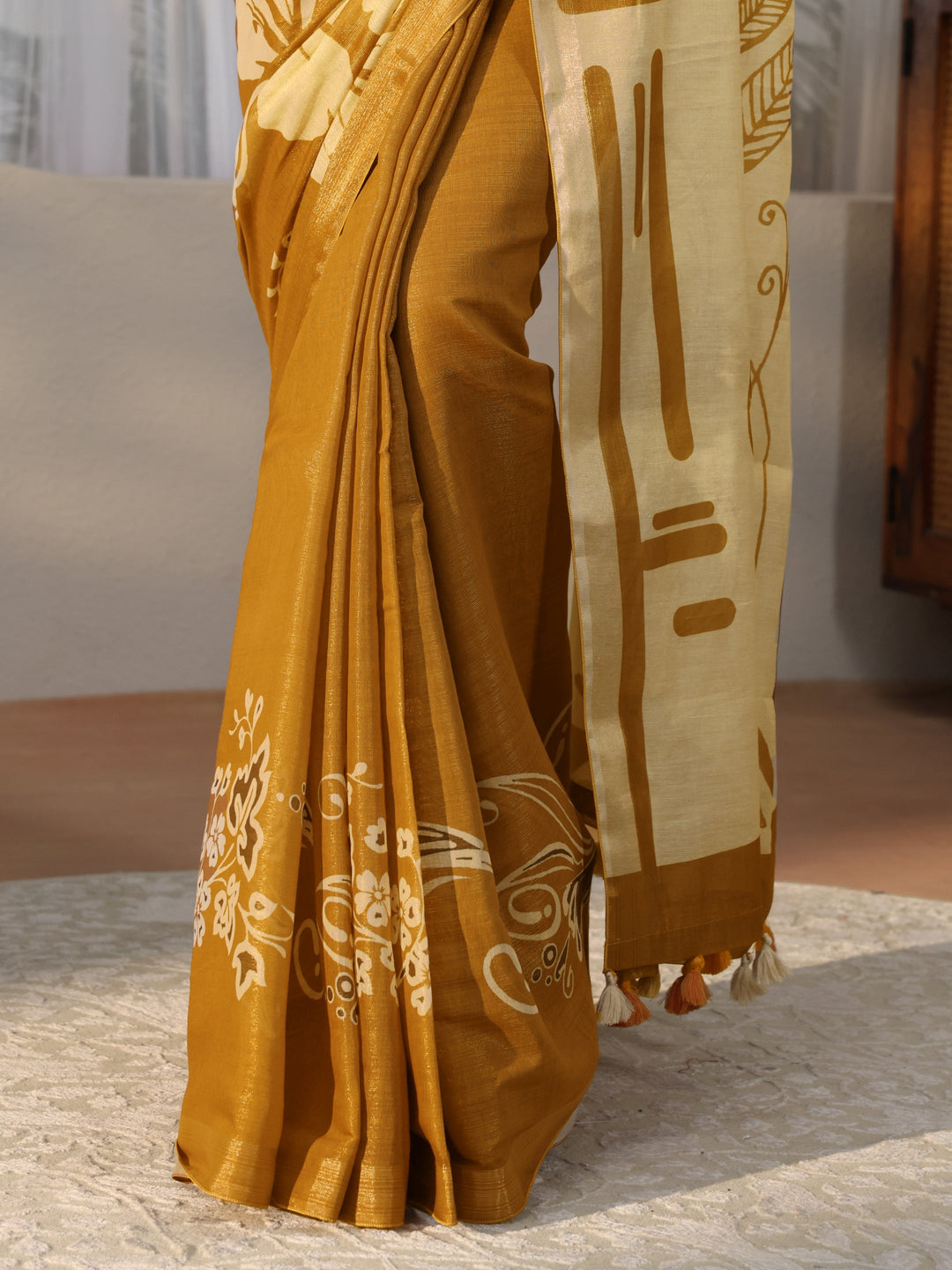Mustard Floral Printed Cotton Blend Saree