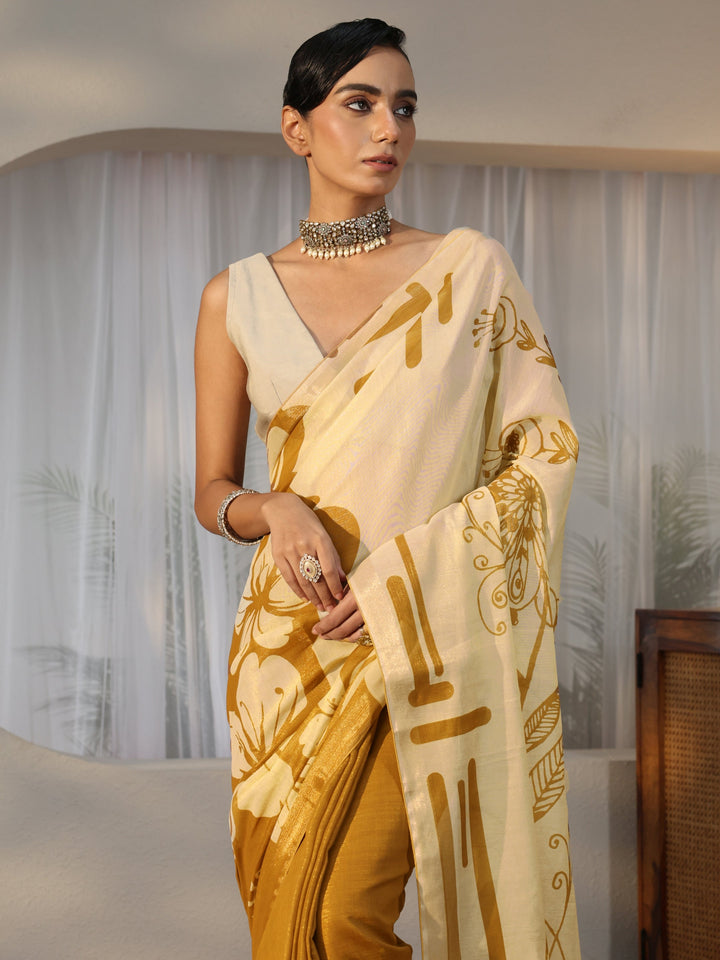 Mustard Floral Printed Cotton Blend Saree