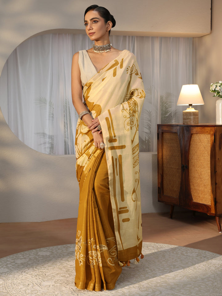 Mustard Floral Printed Cotton Blend Saree