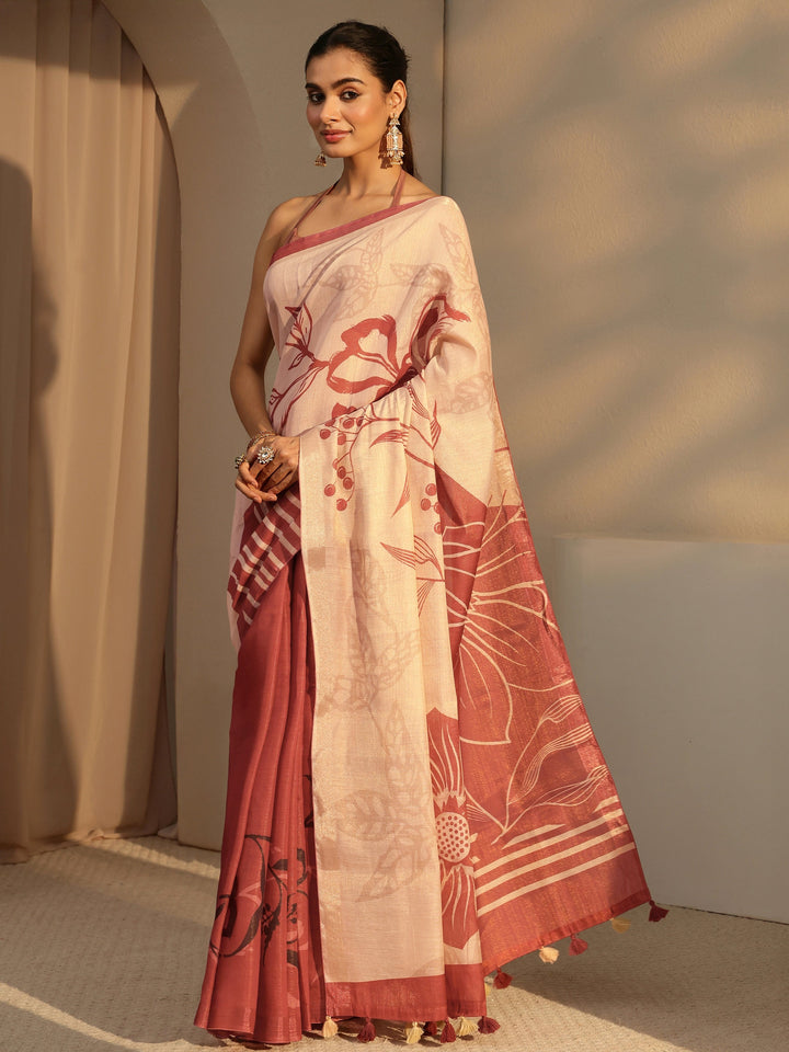 Libas Brown Floral Printed Cotton Blend Saree