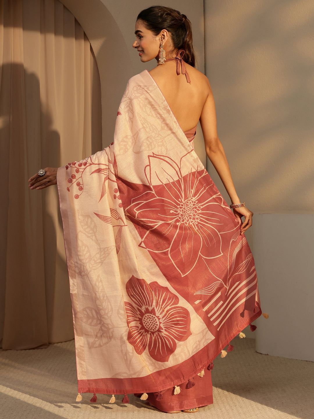 Libas Brown Floral Printed Cotton Blend Saree