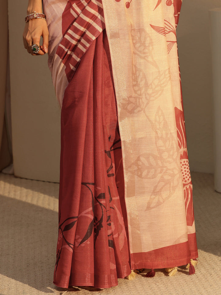 Libas Brown Floral Printed Cotton Blend Saree