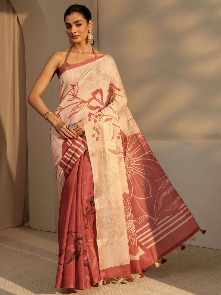 Libas Brown Floral Printed Cotton Blend Saree