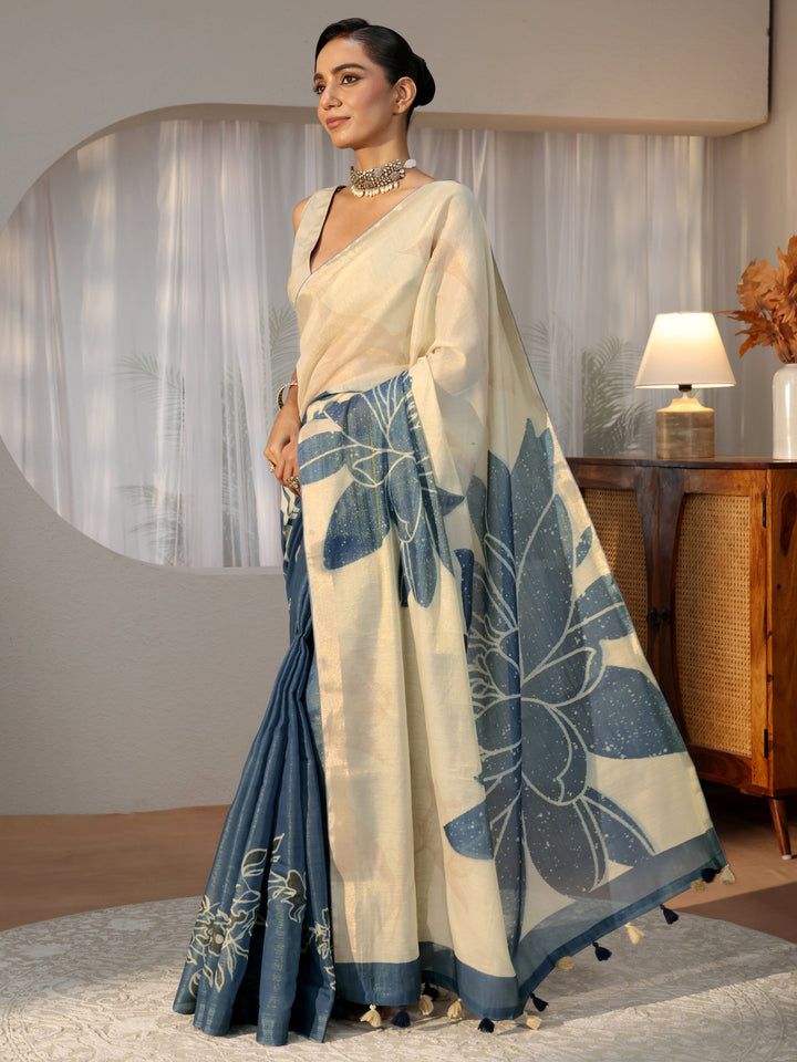 Dusty Blue Floral Printed Cotton Blend Saree
