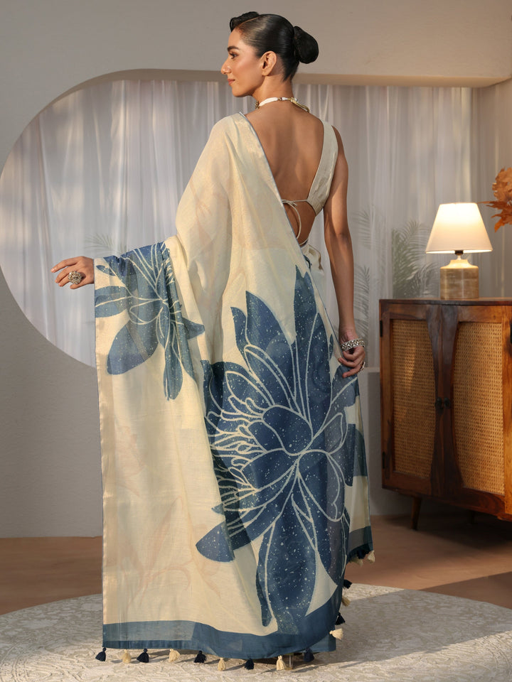 Dusty Blue Floral Printed Cotton Blend Saree