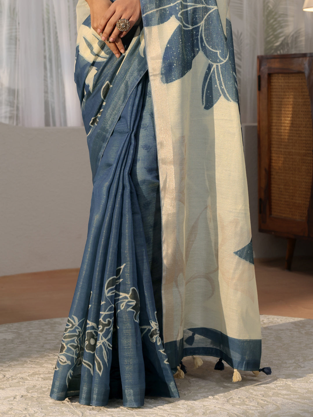 Dusty Blue Floral Printed Cotton Blend Saree