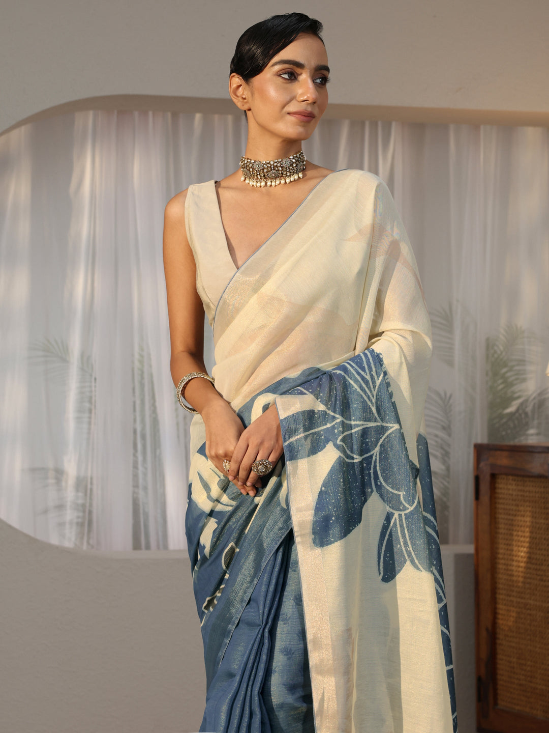 Dusty Blue Floral Printed Cotton Blend Saree