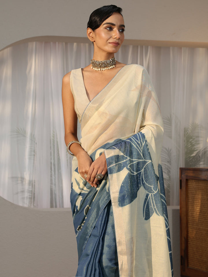 Dusty Blue Floral Printed Cotton Blend Saree