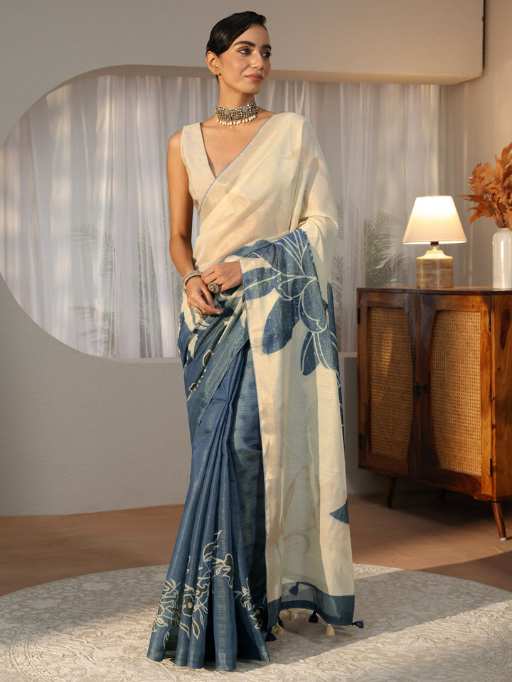 Dusty Blue Floral Printed Cotton Blend Saree