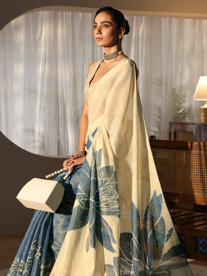 Dusty Blue Floral Printed Cotton Blend Saree