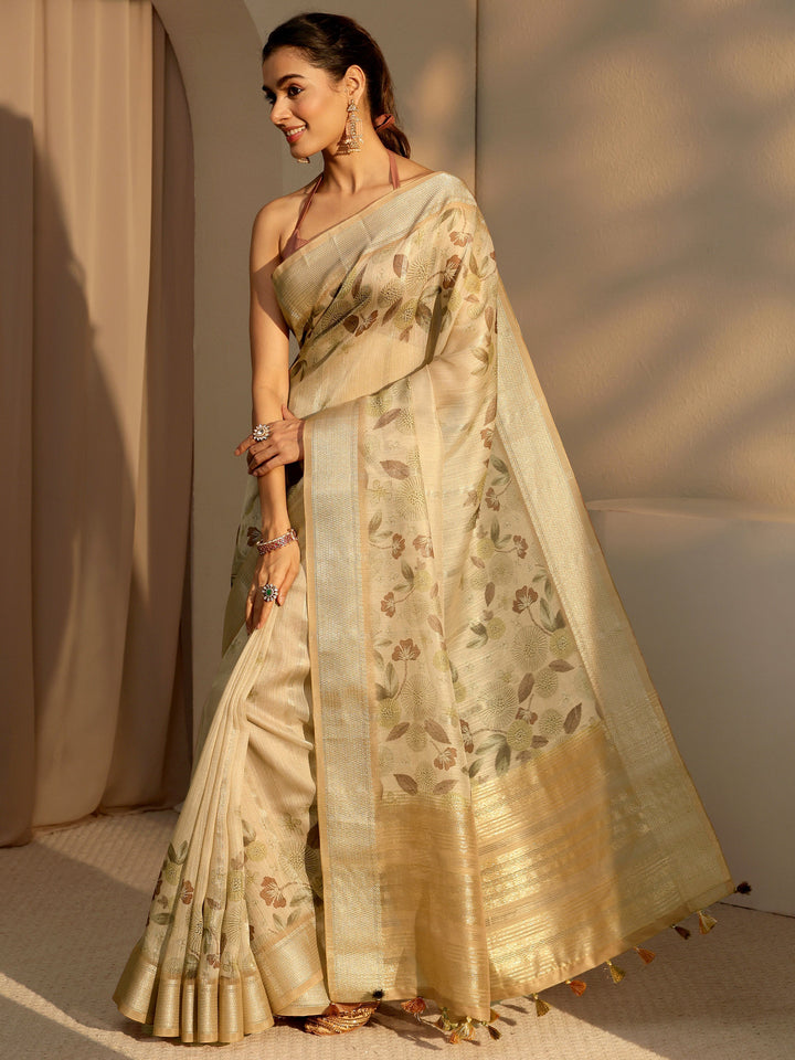 Libas Beige Floral Printed Cotton Blend Saree