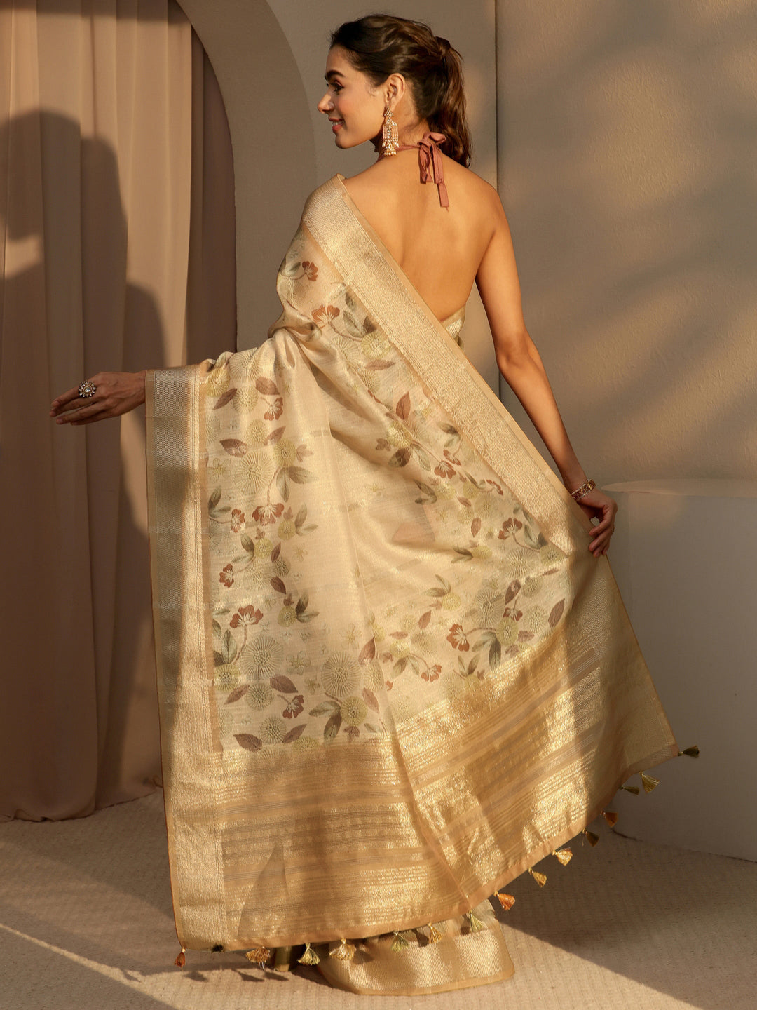Libas Beige Floral Printed Cotton Blend Saree