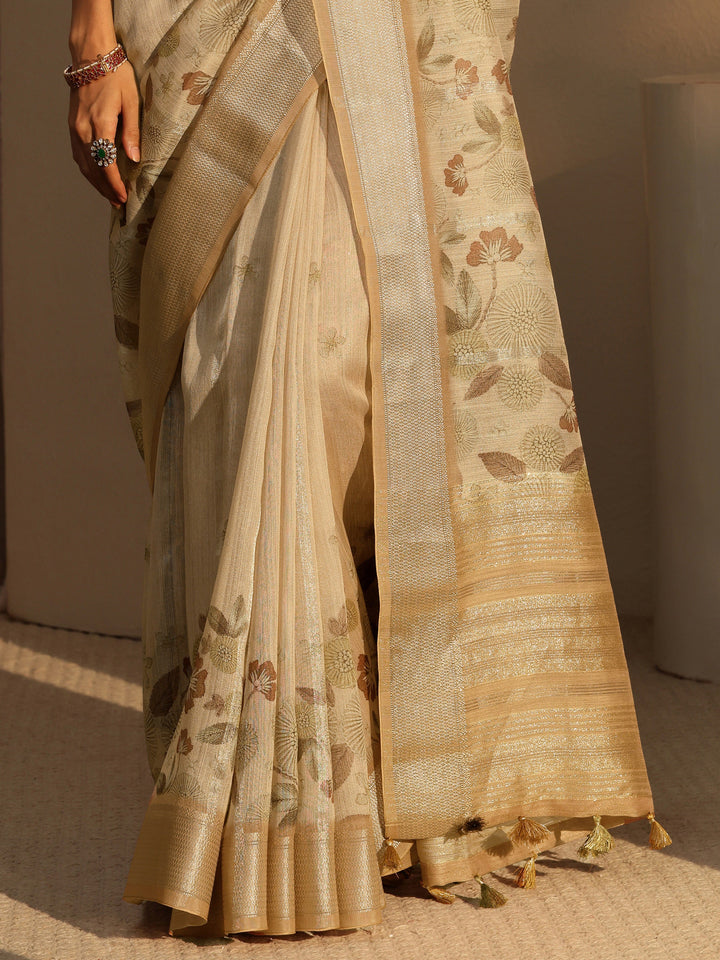 Libas Beige Floral Printed Cotton Blend Saree