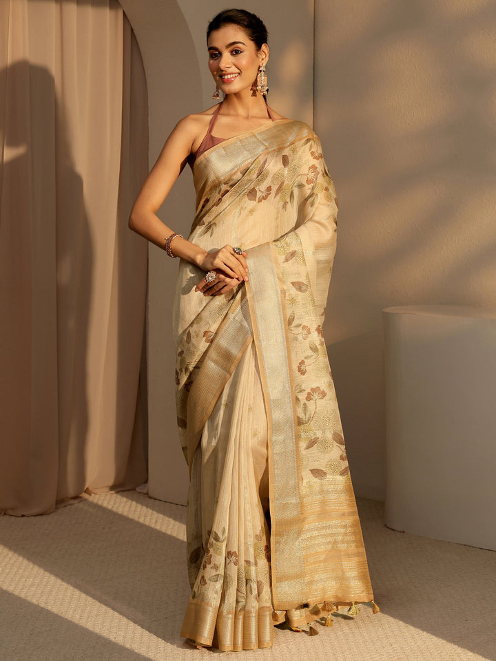 Libas Beige Floral Printed Cotton Blend Saree