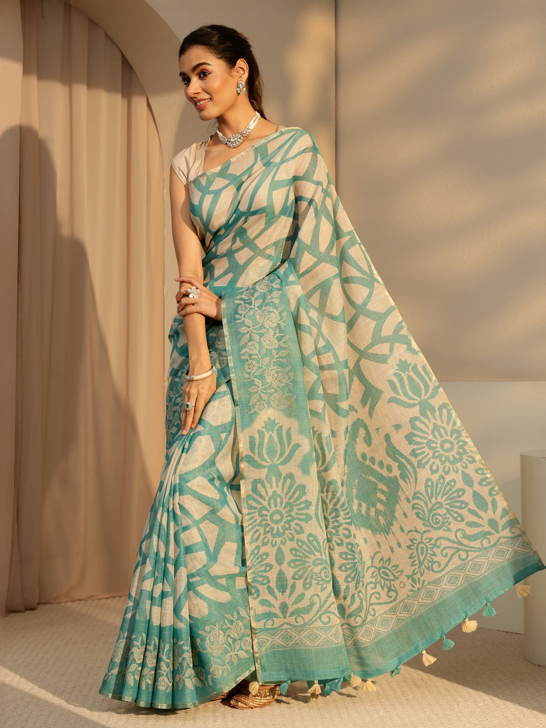 Libas Powder Blue Abstract Printed Cotton Blend Saree