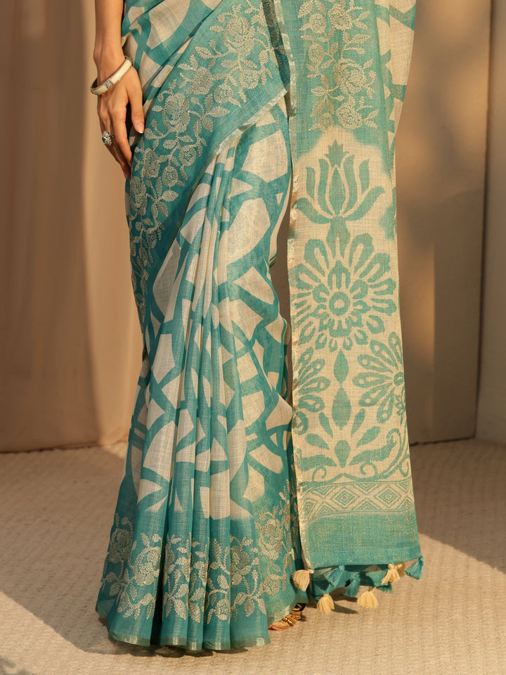 Libas Powder Blue Abstract Printed Cotton Blend Saree