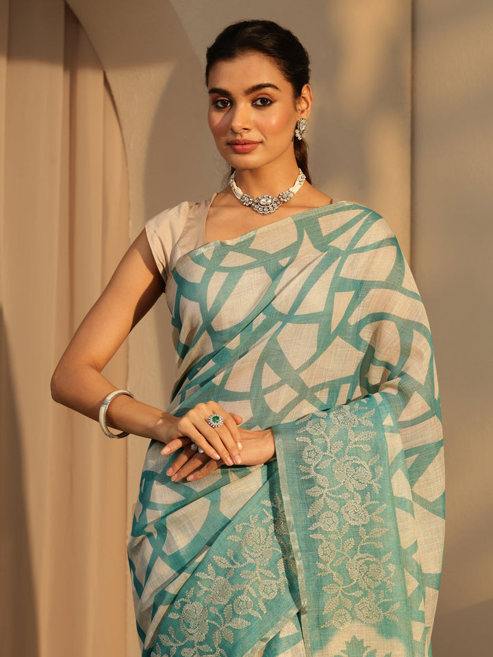Libas Powder Blue Abstract Printed Cotton Blend Saree