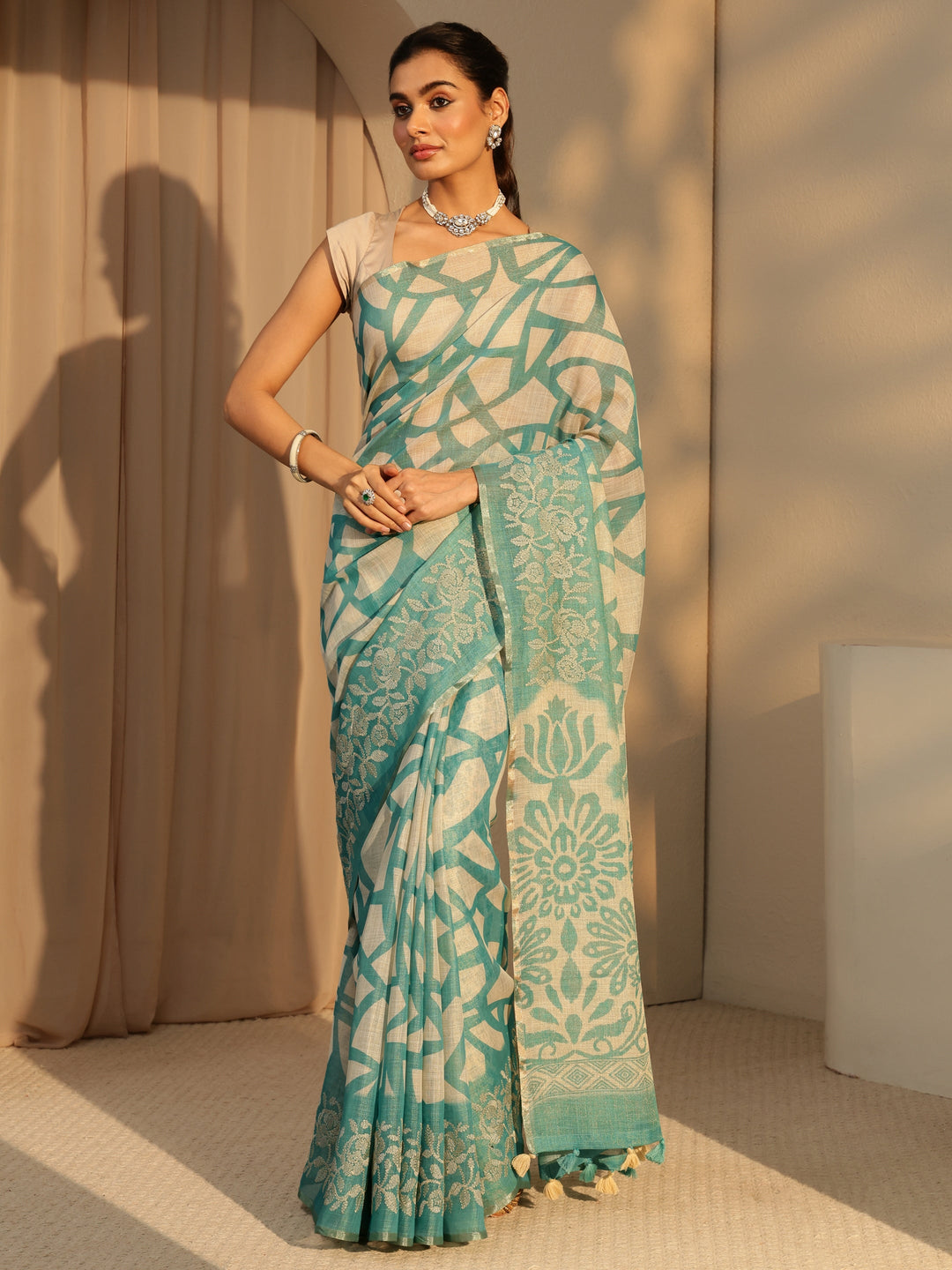 Libas Powder Blue Abstract Printed Cotton Blend Saree