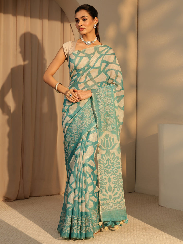 Libas Powder Blue Abstract Printed Cotton Blend Saree