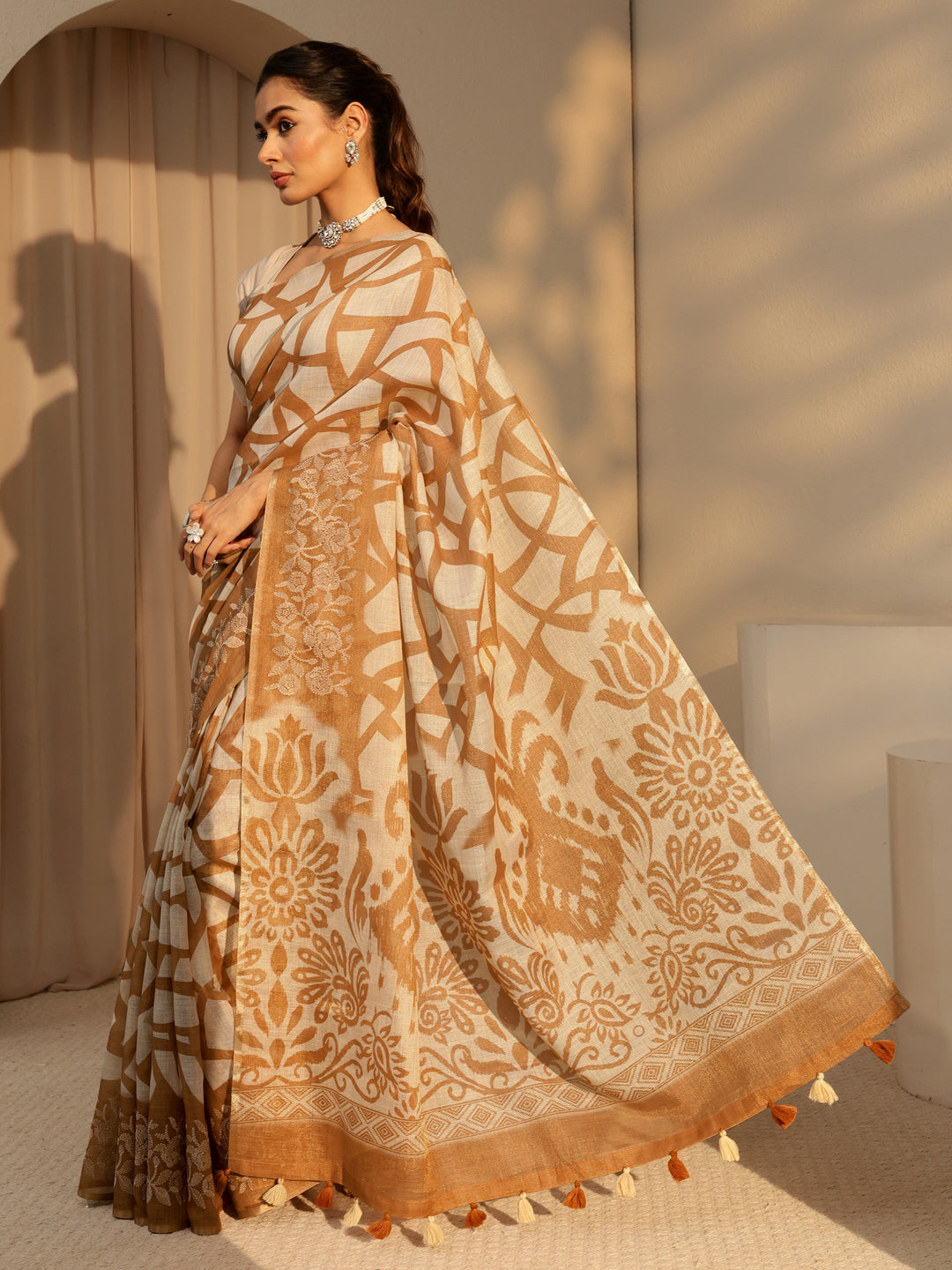 Libas Brown Abstract Printed Cotton Blend Saree