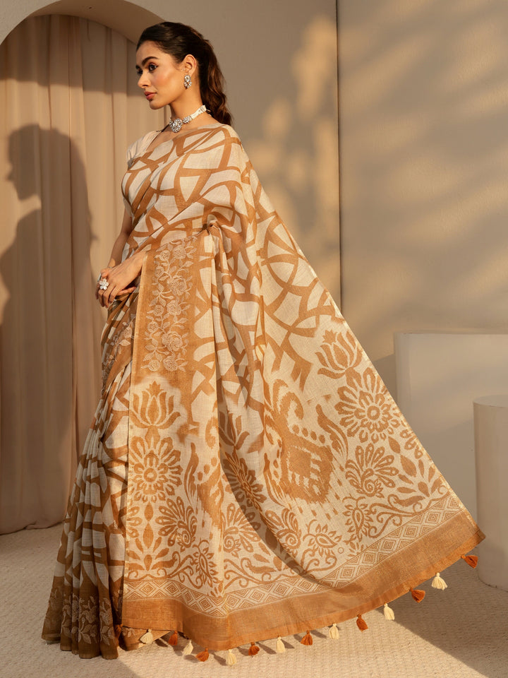 Libas Brown Abstract Printed Cotton Blend Saree